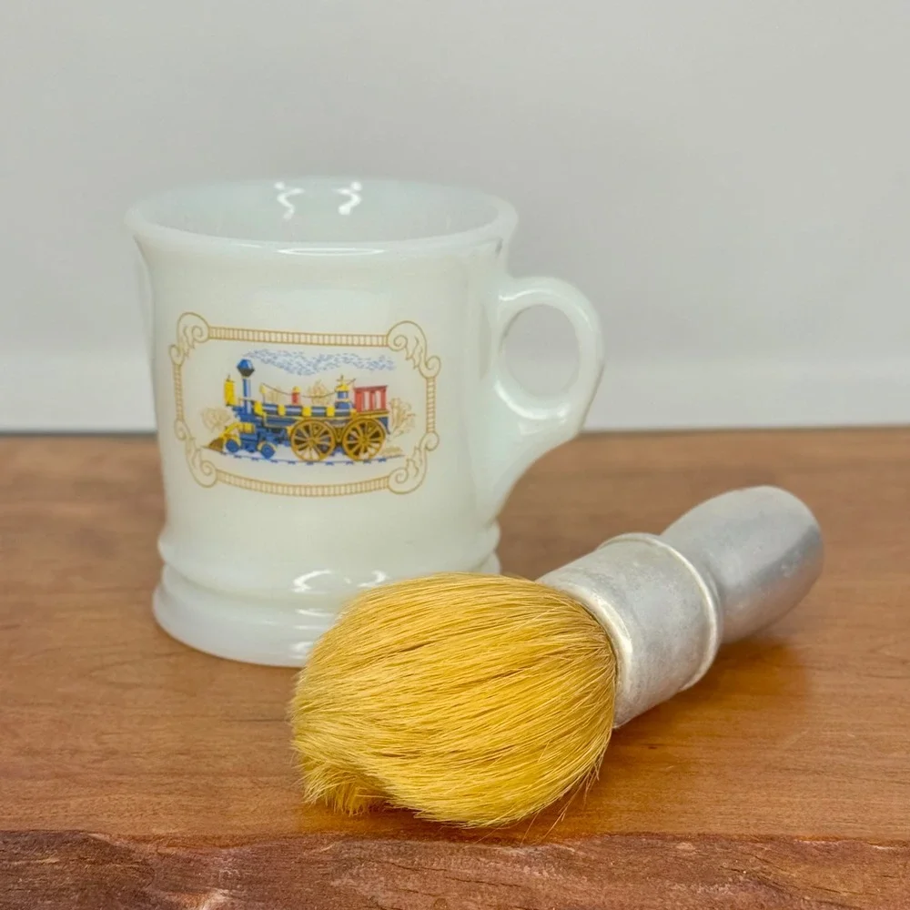 Vintage Avon Milk Glass Train Shaving Mug & Dubl Duck M-4 Aluminum Brush Set